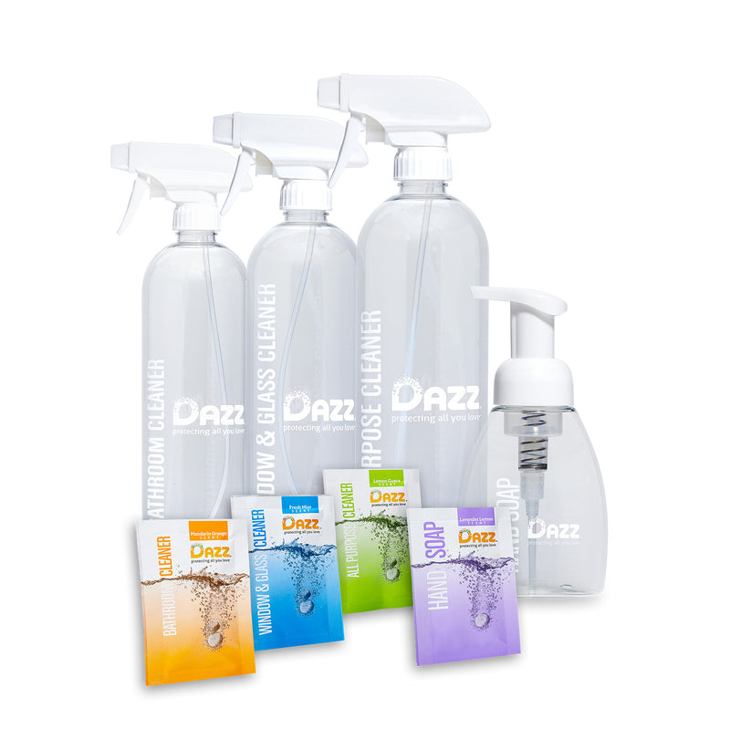 The DAZZ Collection: three reusable spray bottles, hand soap dispenser and tablet refills